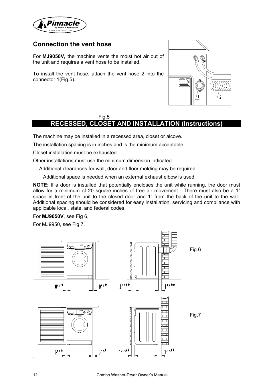 Connection the vent hose, Recessed, closet and installation (instructions) | Majestic Appliances mj9050v User Manual | Page 13 / 24