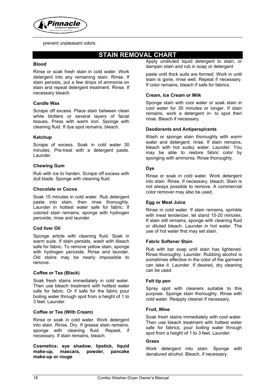 Stain removal chart | Majestic Appliances mj9050v User Manual | Page 19 / 24