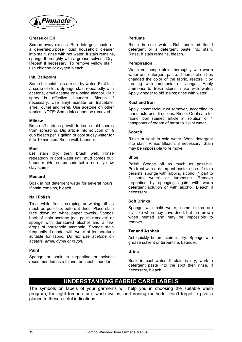 Perfume, Understanding fabric care labels | Majestic Appliances mj9050v User Manual | Page 20 / 24