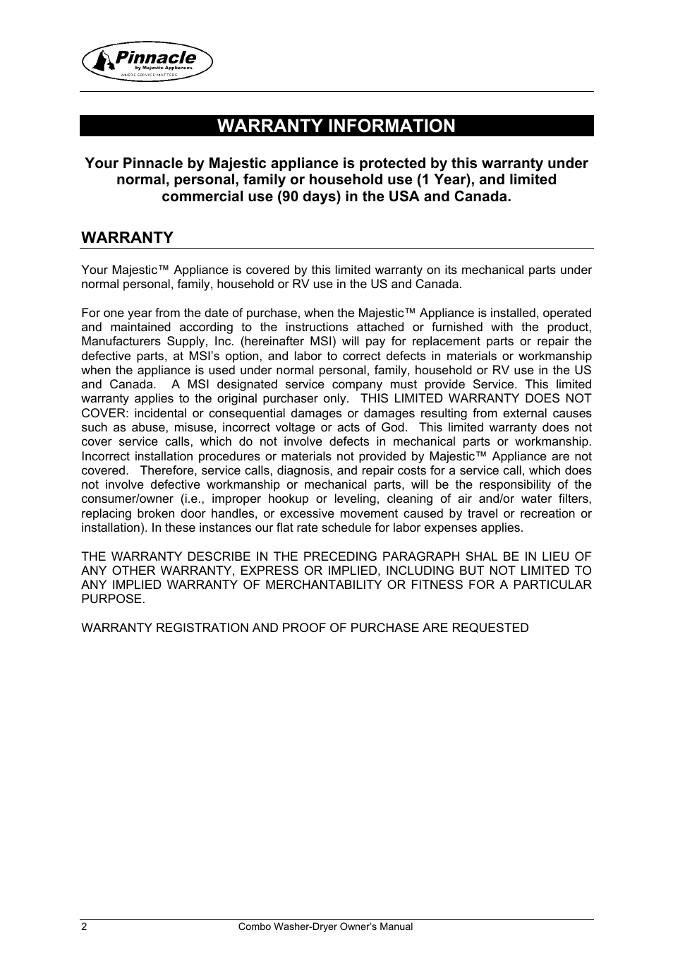 Warranty information, Warranty | Majestic Appliances mj9050v User Manual | Page 3 / 24