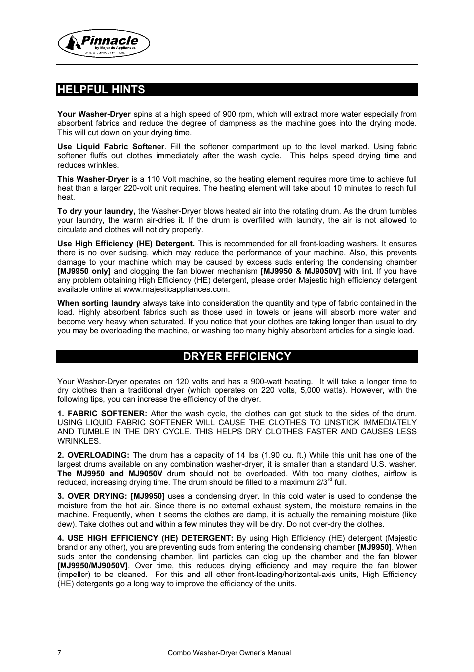 Helpful hints, Dryer efficiency | Majestic Appliances mj9050v User Manual | Page 8 / 24