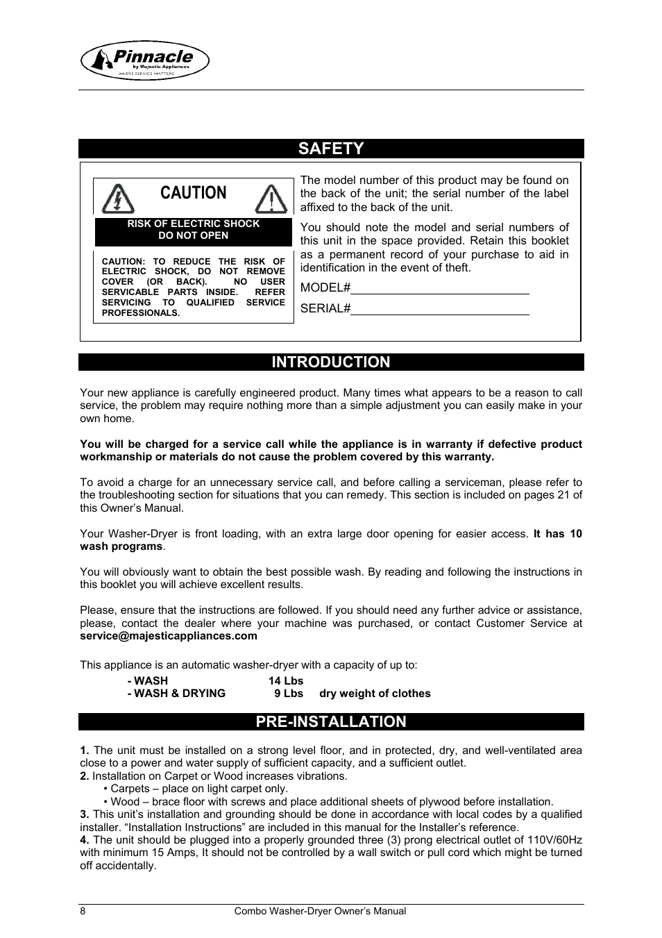 Caution, Safety, Introduction | Pre-installation | Majestic Appliances mj9050v User Manual | Page 9 / 24