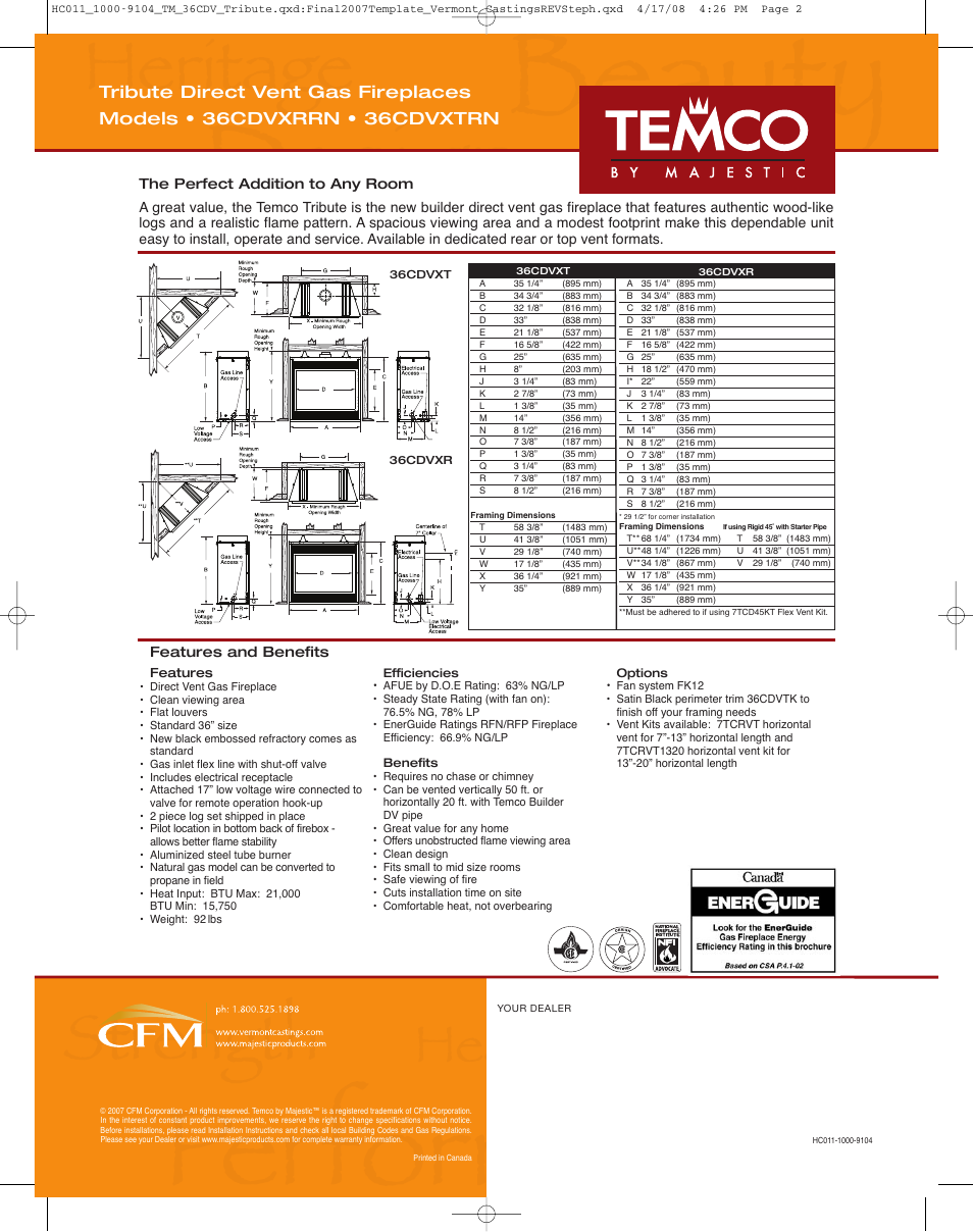 The perfect addition to any room, Features and benefits | Majestic Appliances Builder Direct Vent 36CDVXRRN User Manual | Page 2 / 2