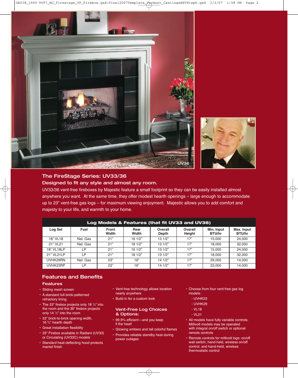 The firestage series: uv33/36, Features and benefits | Majestic Appliances FireStage Series User Manual | Page 2 / 6