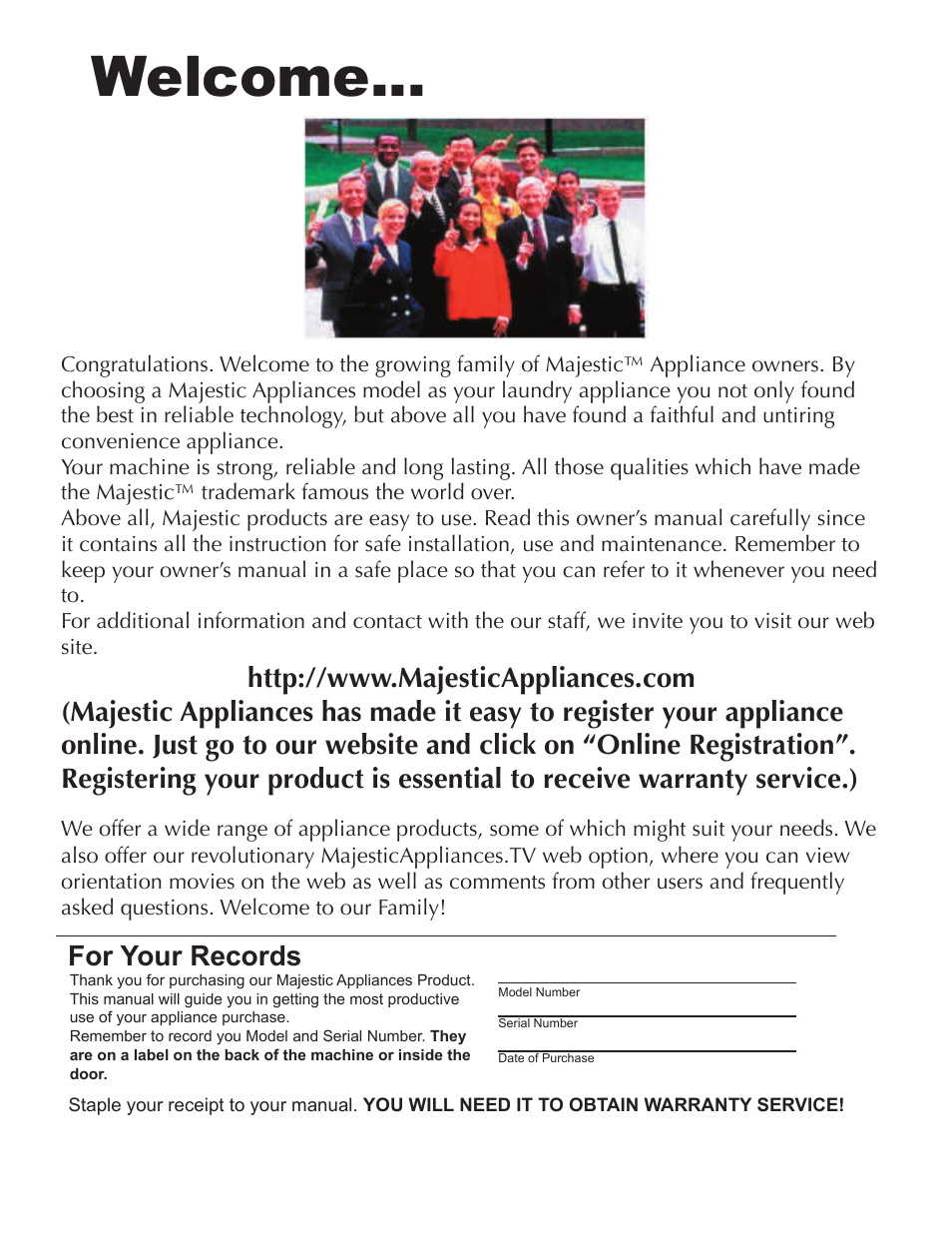 Welcome, For your records | Majestic Appliances MJ-9200W User Manual | Page 2 / 6