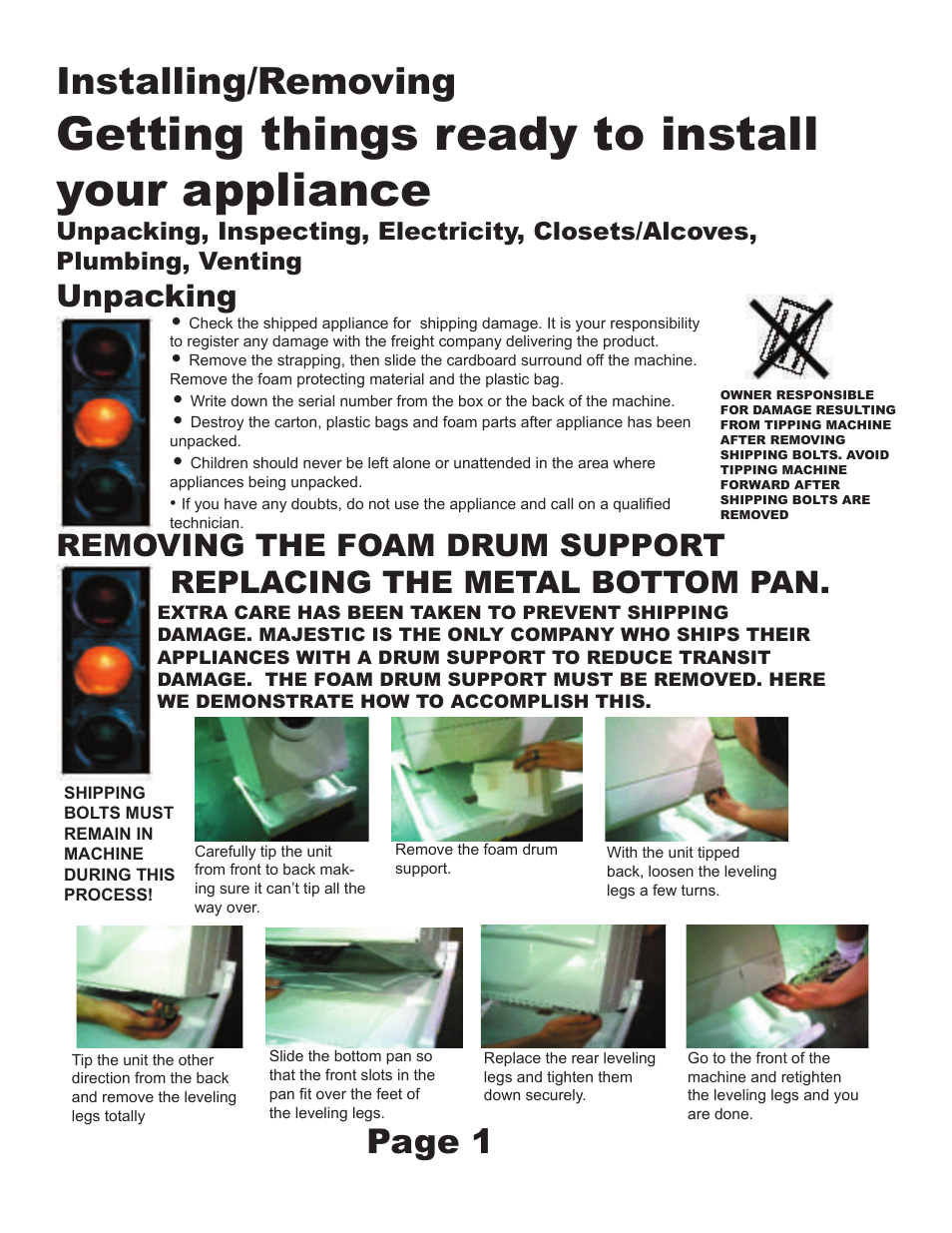 Getting things ready to install your appliance, Installing/removing, Page 1 | Unpacking | Majestic Appliances MJ-9200W User Manual | Page 3 / 6