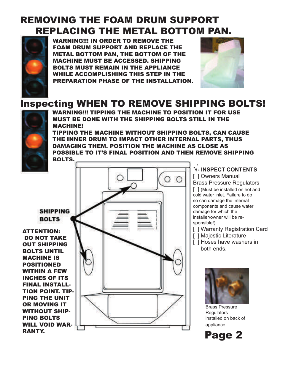 Page 2, Inspecting, When to remove shipping bolts | Majestic Appliances MJ-9200W User Manual | Page 4 / 6