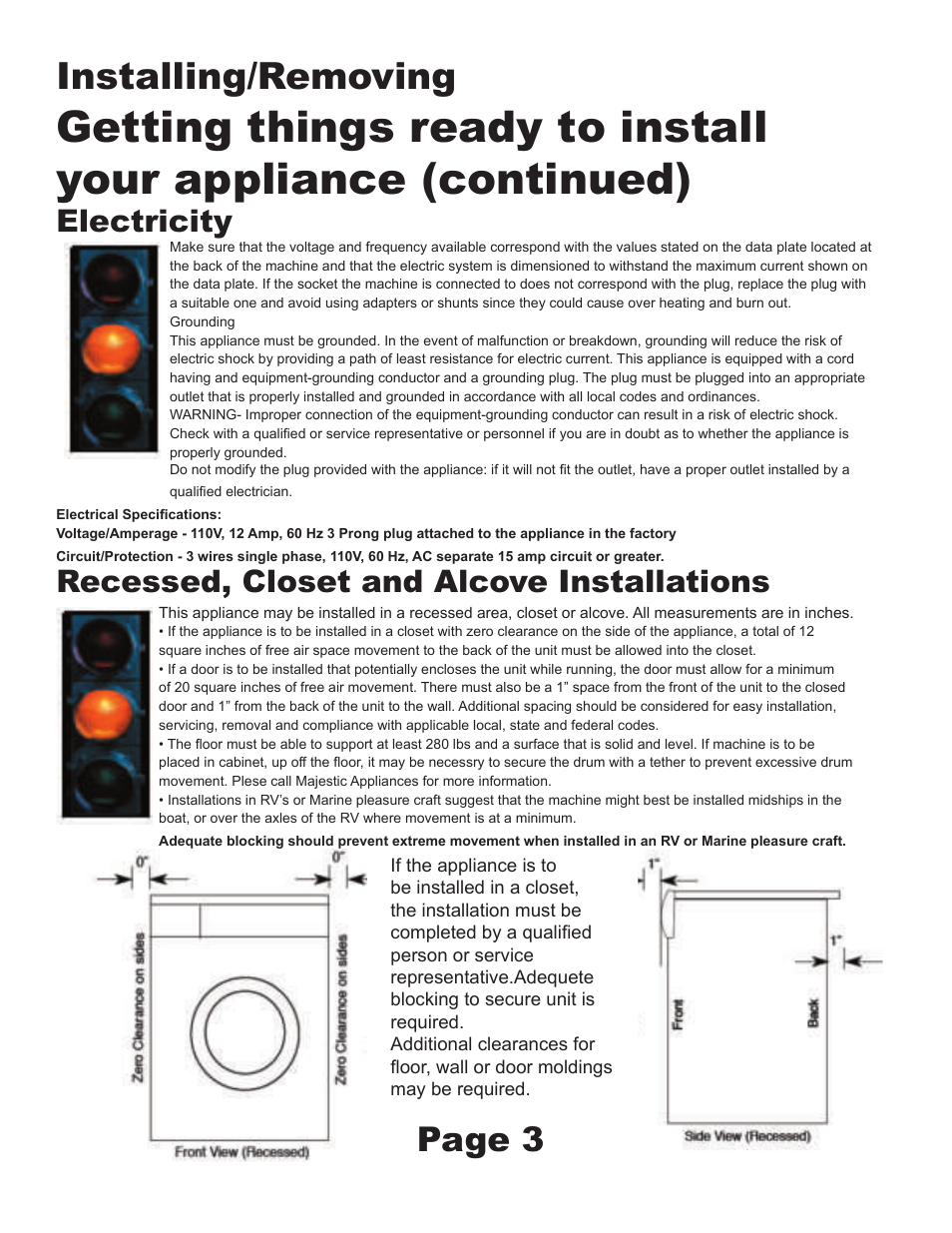 Installing/removing, Page 3, Electricity | Recessed, closet and alcove installations | Majestic Appliances MJ-9200W User Manual | Page 5 / 6