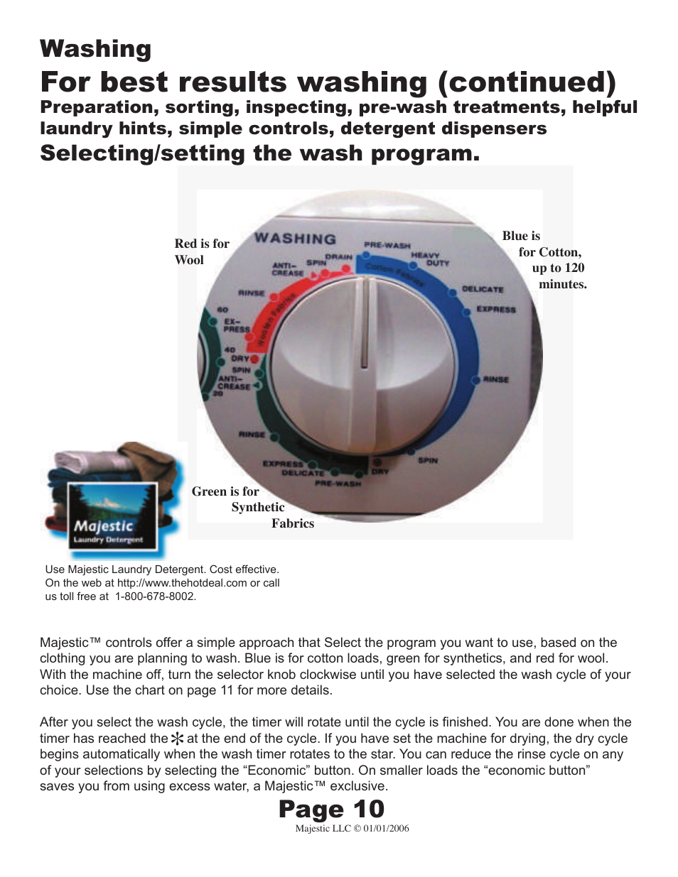 For best results washing (continued), Washing, Page 10 | Selecting/setting the wash program | Majestic Appliances MJ-9000V User Manual | Page 10 / 20
