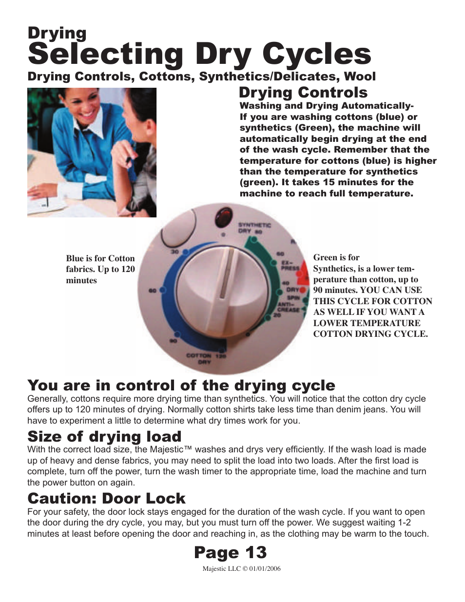 Selecting dry cycles, Drying, Page 13 | Size of drying load, Caution: door lock | Majestic Appliances MJ-9000V User Manual | Page 13 / 20