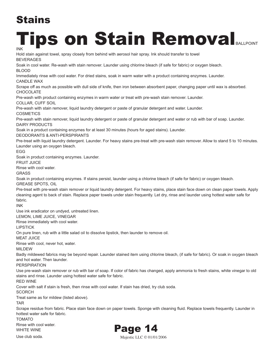 Tips on stain removal, Stains, Page 14 | Majestic Appliances MJ-9000V User Manual | Page 14 / 20