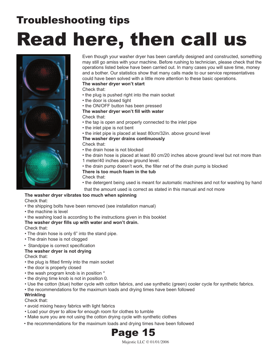 Read here, then call us, Troubleshooting tips, Page 15 | Majestic Appliances MJ-9000V User Manual | Page 15 / 20