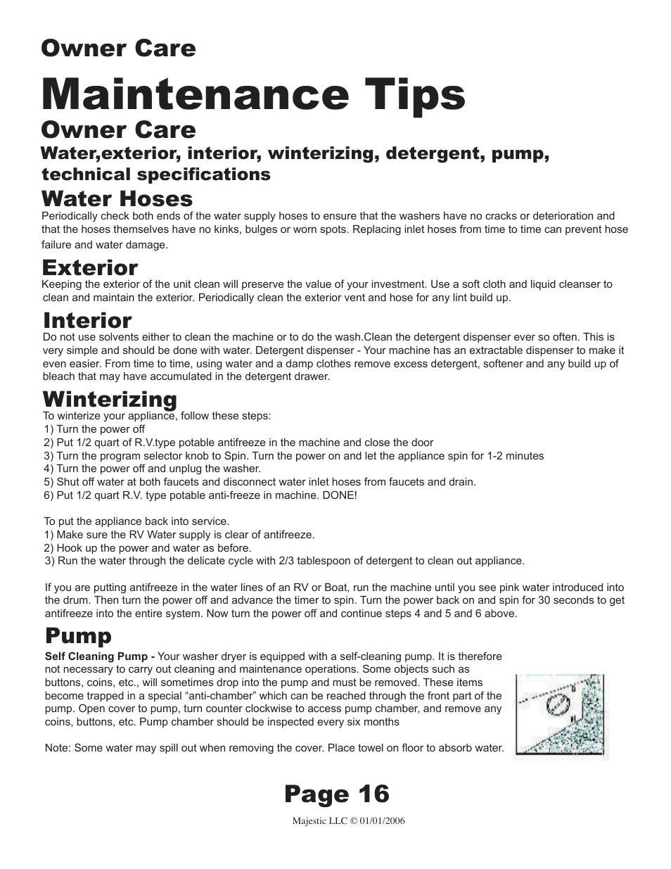 Maintenance tips, Owner care, Page 16 | Water hoses, Exterior, Interior, Winterizing, Pump | Majestic Appliances MJ-9000V User Manual | Page 16 / 20