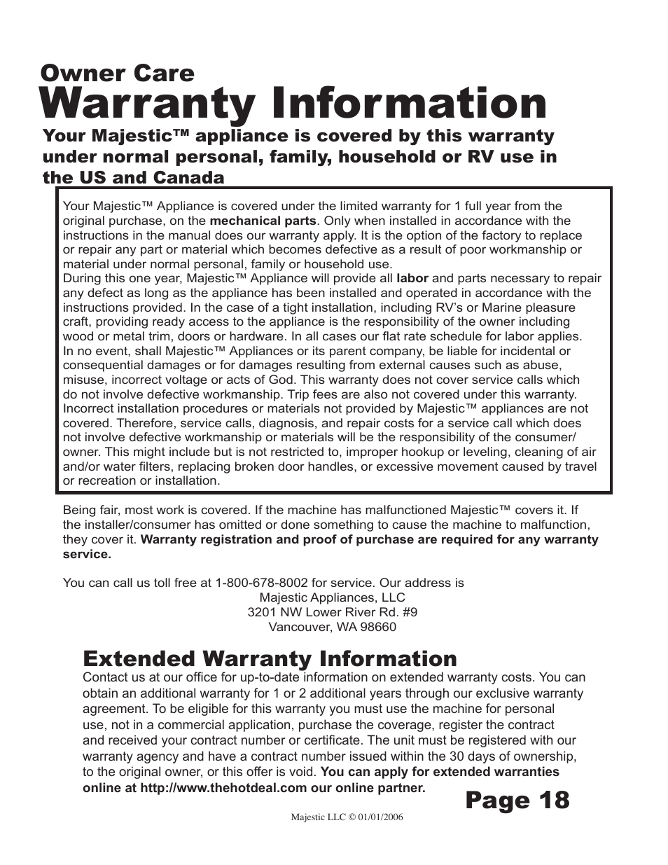 Warranty information, Page 18 owner care, Extended warranty information | Majestic Appliances MJ-9000V User Manual | Page 18 / 20