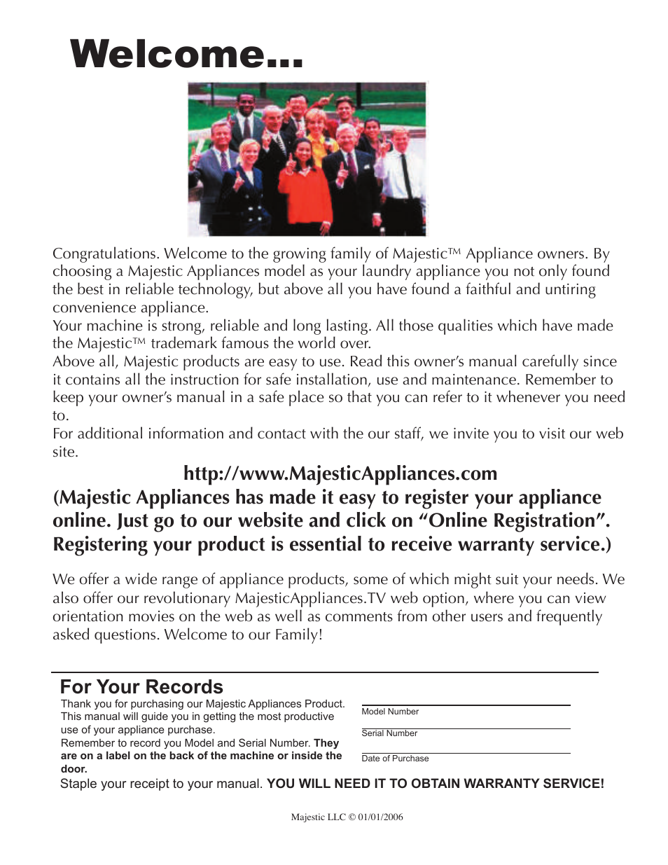 Welcome, For your records | Majestic Appliances MJ-9000V User Manual | Page 3 / 20