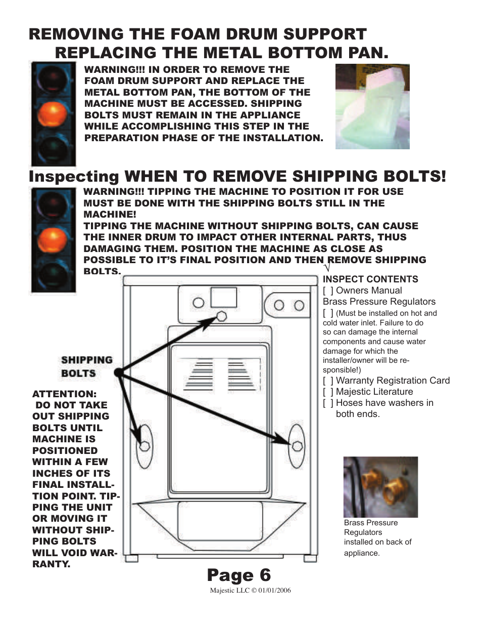 Page 6, Inspecting, When to remove shipping bolts | Majestic Appliances MJ-9000V User Manual | Page 6 / 20