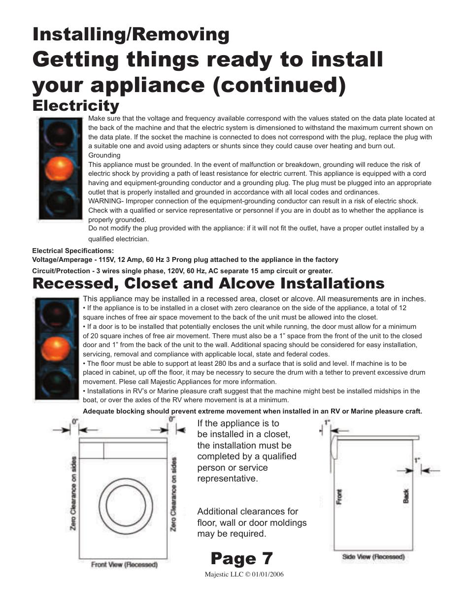 Installing/removing, Page 7, Electricity | Recessed, closet and alcove installations | Majestic Appliances MJ-9000V User Manual | Page 7 / 20