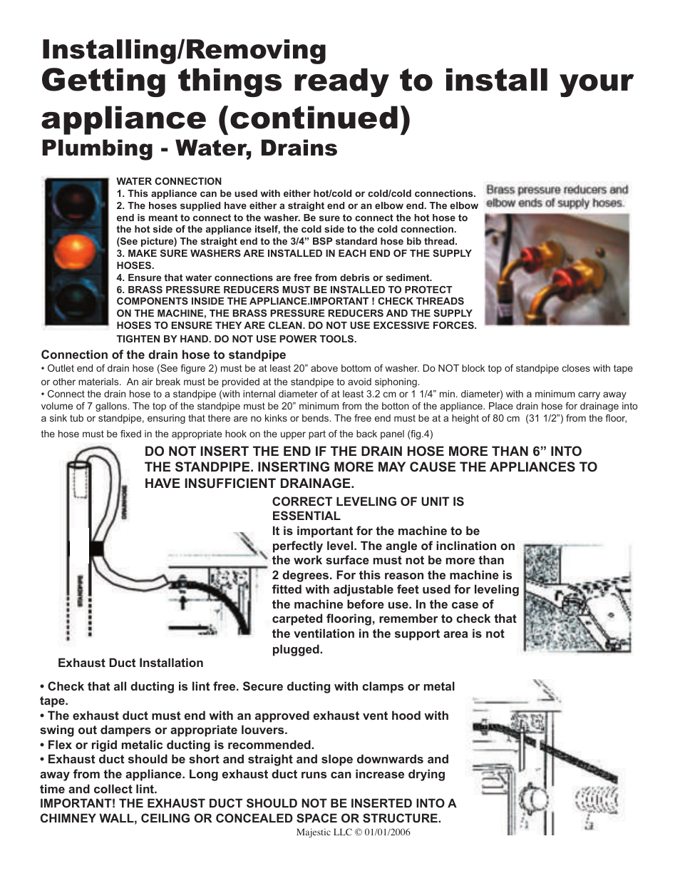Installing/removing, Plumbing - water, drains | Majestic Appliances MJ-9000V User Manual | Page 8 / 20
