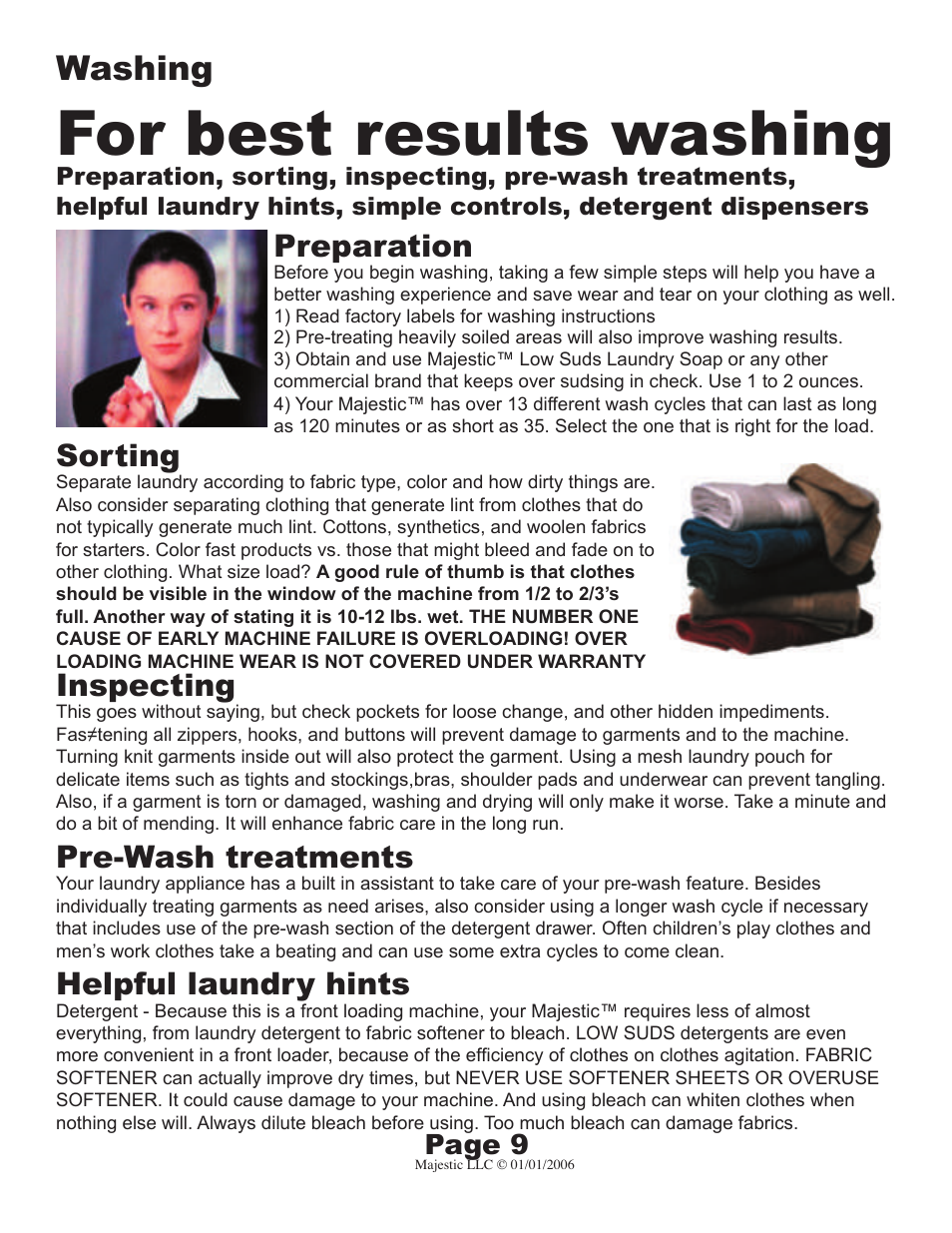 For best results washing, Washing, Preparation | Sorting, Inspecting, Pre-wash treatments, Helpful laundry hints, Page 9 | Majestic Appliances MJ-9000V User Manual | Page 9 / 20