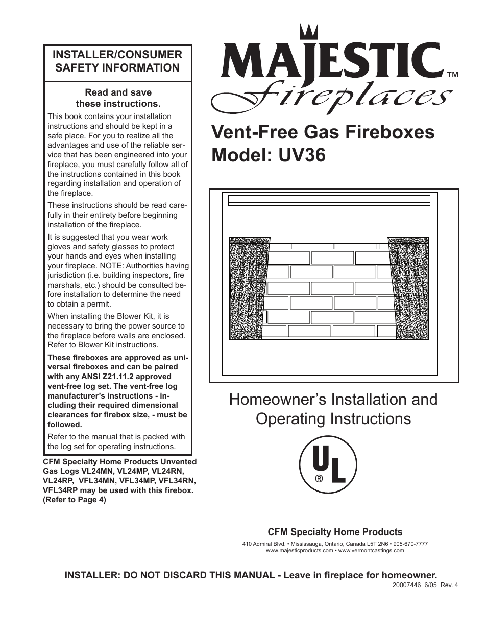 Majestic Appliances UV36 User Manual | 12 pages