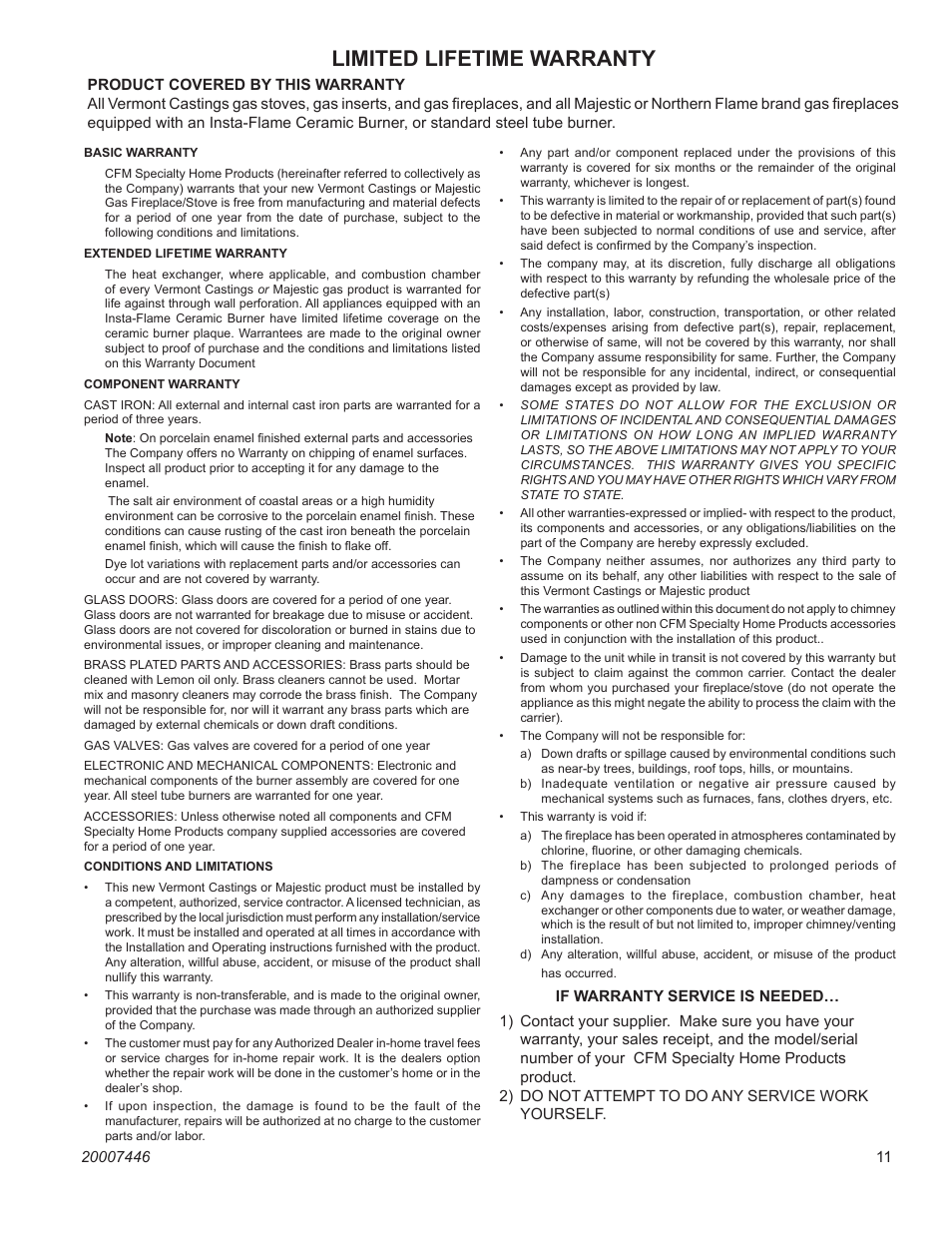 Uv36 vent-free firebox, Limited lifetime warranty | Majestic Appliances UV36 User Manual | Page 11 / 12