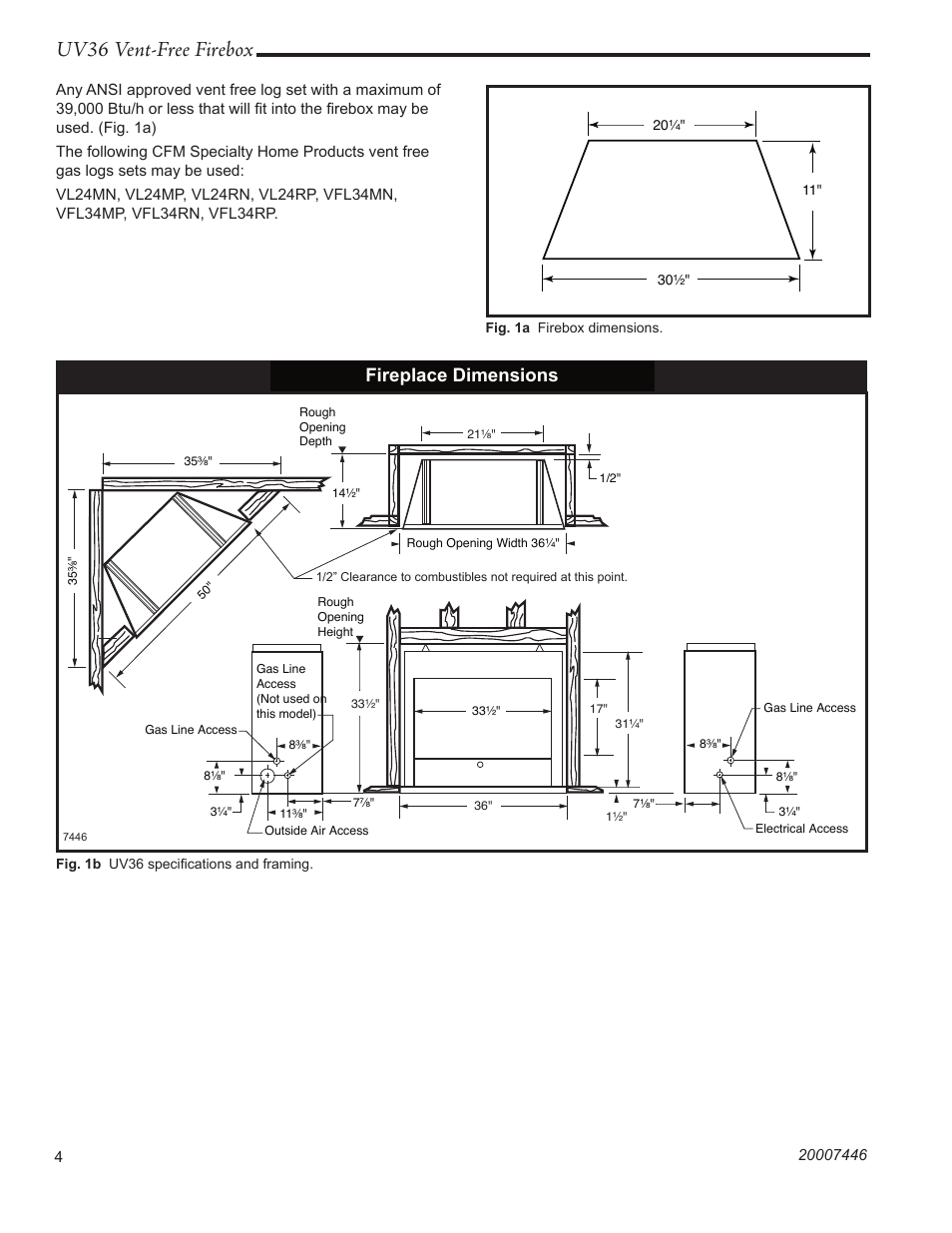 Uv36 vent-free firebox, Fireplace dimensions | Majestic Appliances UV36 User Manual | Page 4 / 12