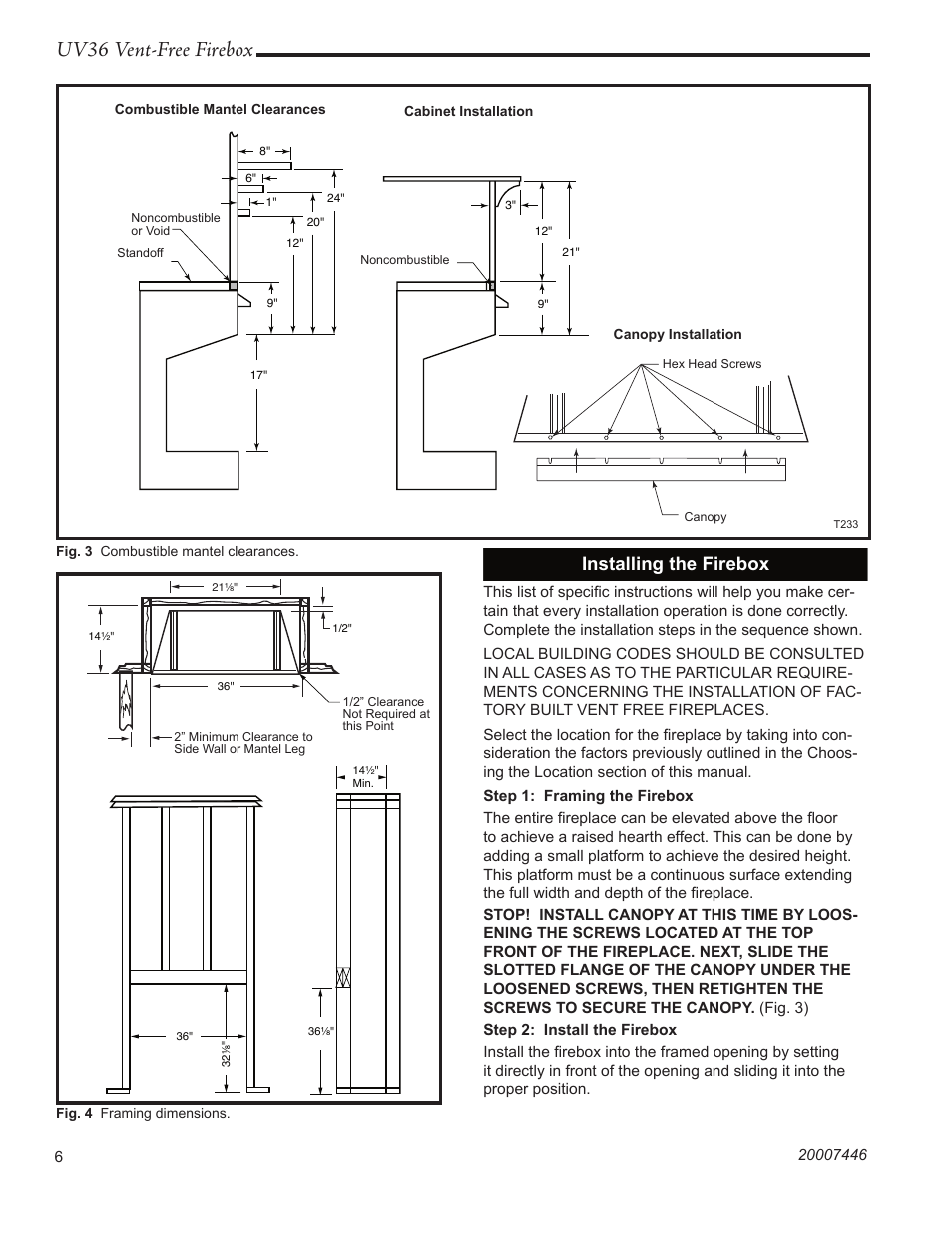 Uv36 vent-free firebox, Installing the firebox | Majestic Appliances UV36 User Manual | Page 6 / 12