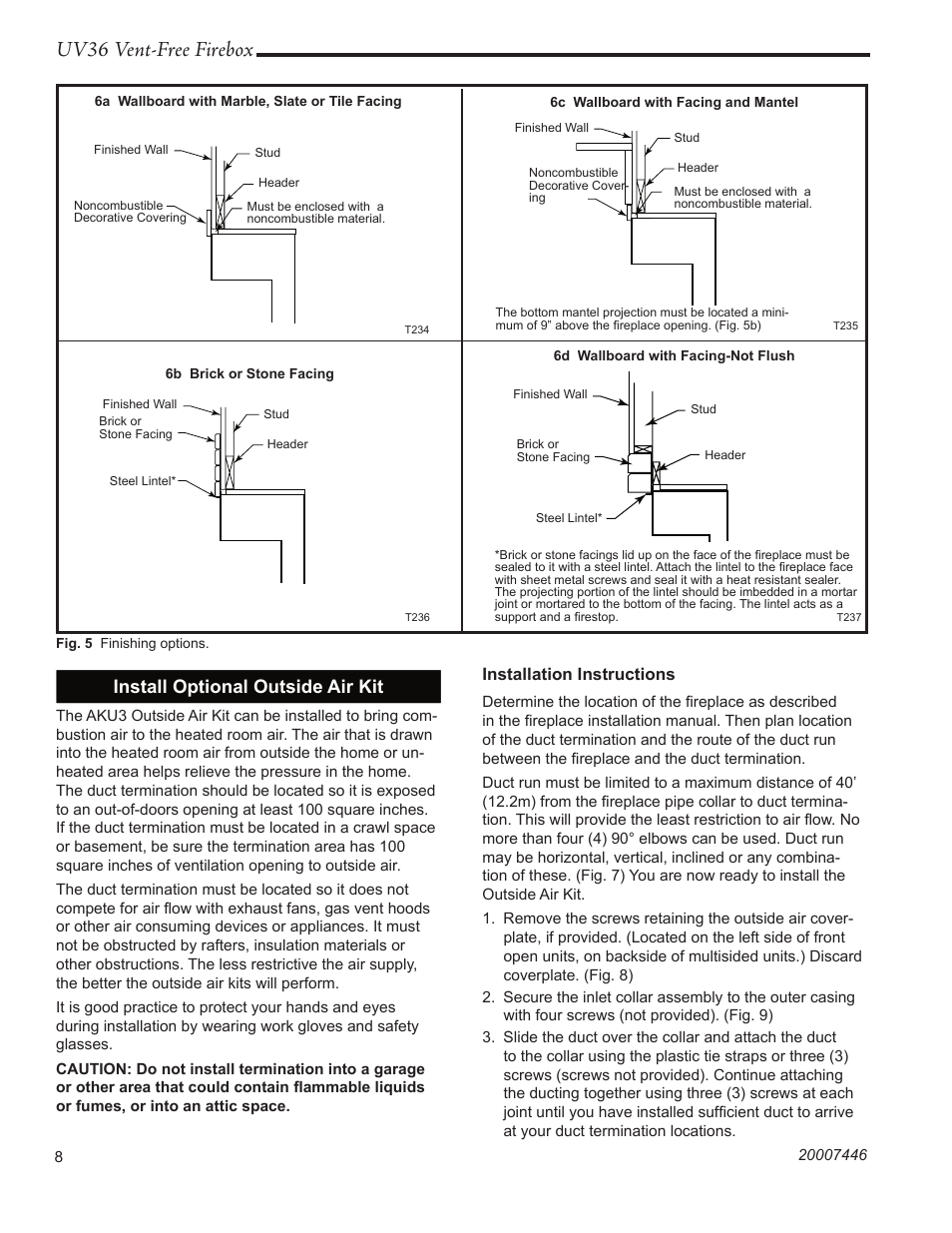 Uv36 vent-free firebox, Install optional outside air kit, Installation instructions | Majestic Appliances UV36 User Manual | Page 8 / 12