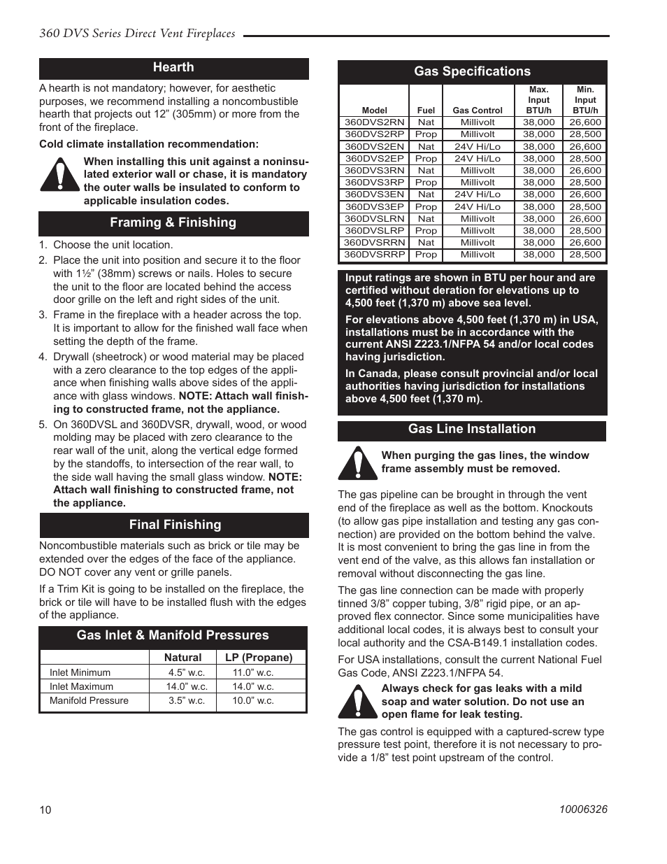 360 dvs series direct vent fireplaces, Hearth final finishing, Framing & finishing | Gas speciﬁcations gas inlet & manifold pressures, Gas line installation | Majestic Appliances 360DVS3 User Manual | Page 10 / 44