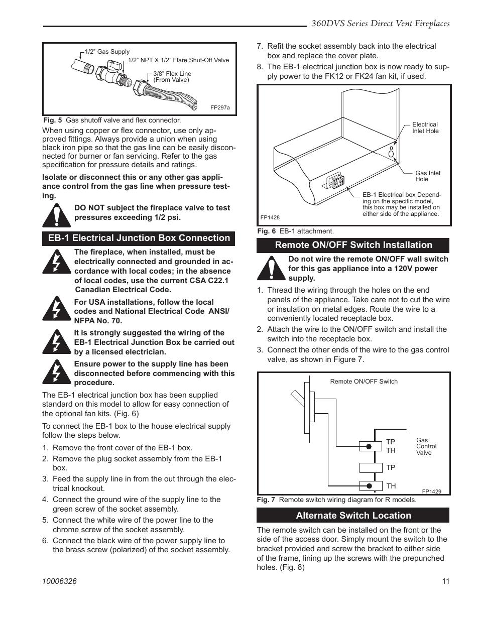 360dvs series direct vent fireplaces, Eb-1 electrical junction box connection, Remote on/off switch installation | Alternate switch location | Majestic Appliances 360DVS3 User Manual | Page 11 / 44