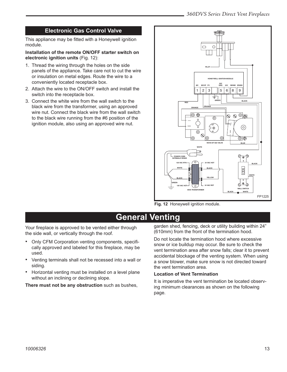 General venting, 360dvs series direct vent fireplaces, Electronic gas control valve | Fig. 12 honeywell ignition module | Majestic Appliances 360DVS3 User Manual | Page 13 / 44