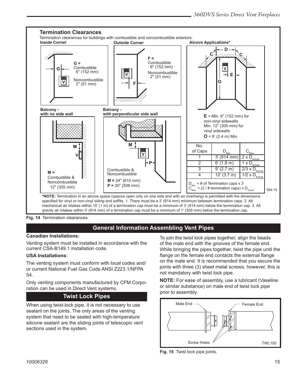 360dvs series direct vent fireplaces, General information assembling vent pipes, Twist lock pipes | Termination clearances | Majestic Appliances 360DVS3 User Manual | Page 15 / 44