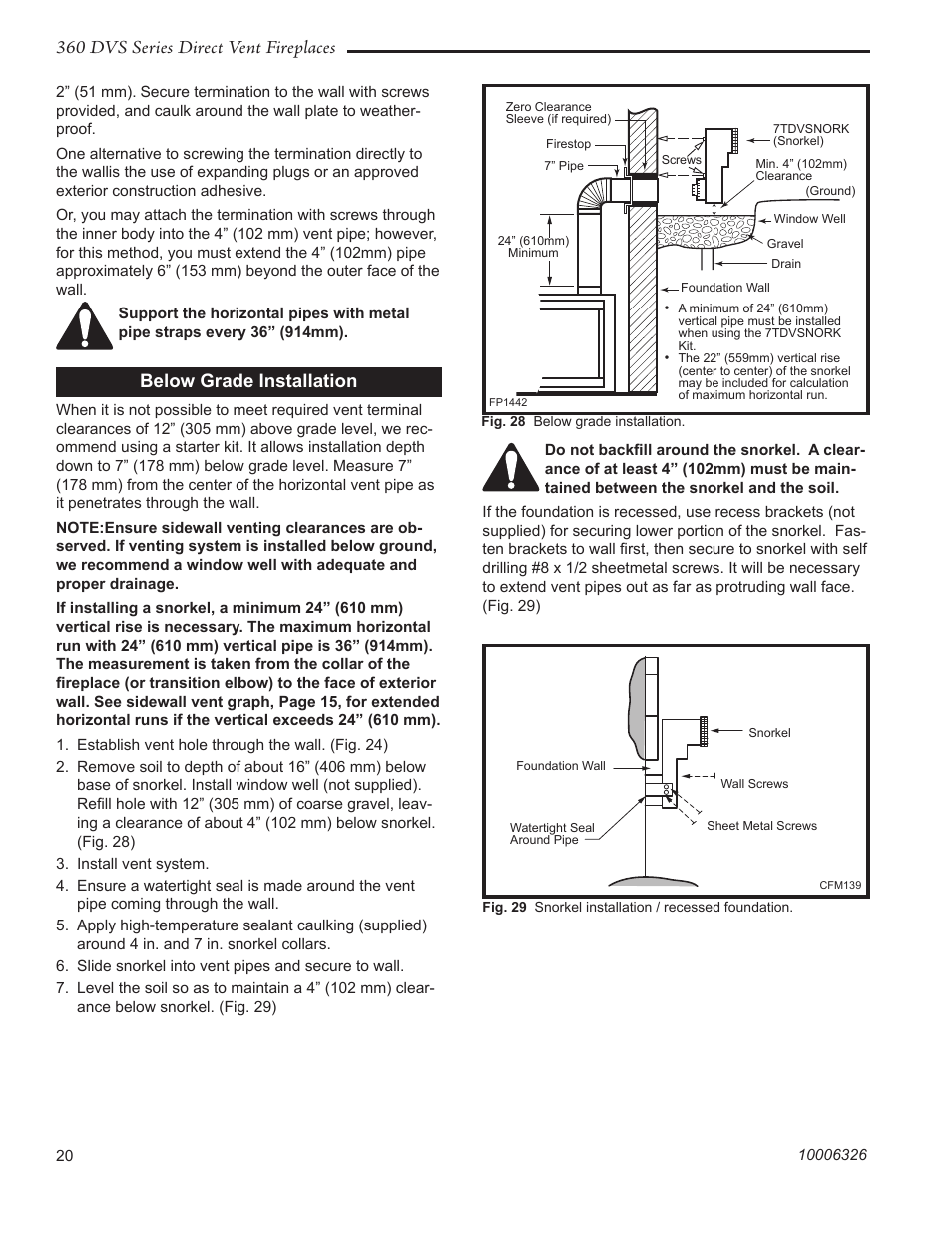 360 dvs series direct vent fireplaces, Below grade installation | Majestic Appliances 360DVS3 User Manual | Page 20 / 44
