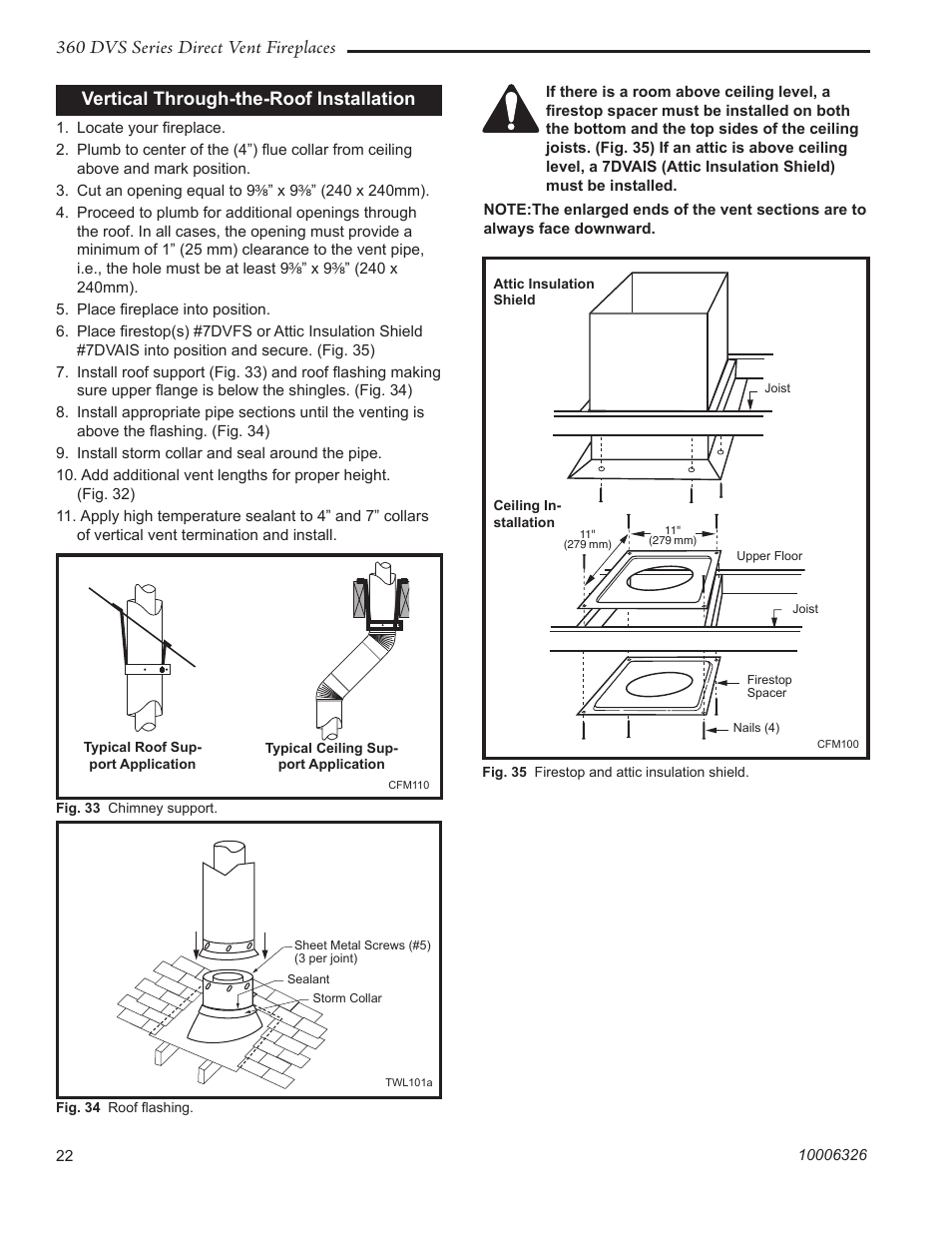 360 dvs series direct vent fireplaces, Vertical through-the-roof installation | Majestic Appliances 360DVS3 User Manual | Page 22 / 44