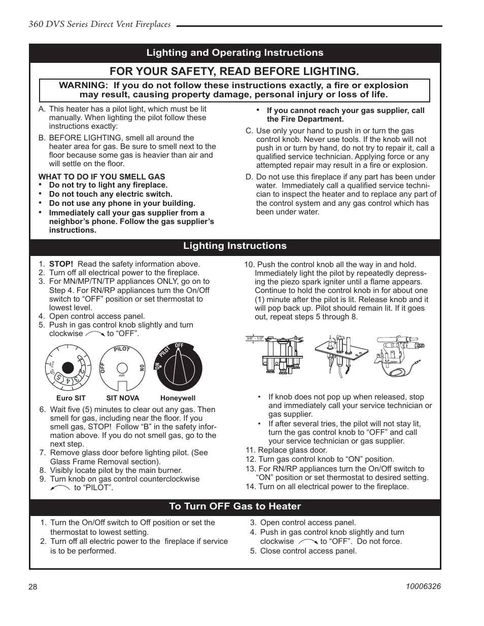 For your safety, read before lighting, 360 dvs series direct vent fireplaces, Lighting instructions | Majestic Appliances 360DVS3 User Manual | Page 28 / 44