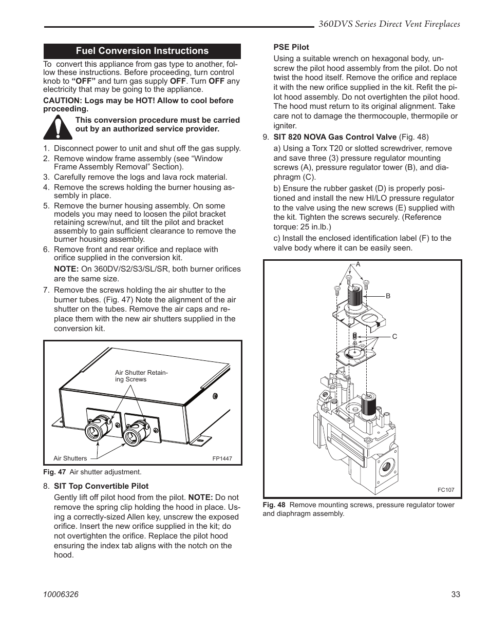 360dvs series direct vent fireplaces, Fuel conversion instructions | Majestic Appliances 360DVS3 User Manual | Page 33 / 44