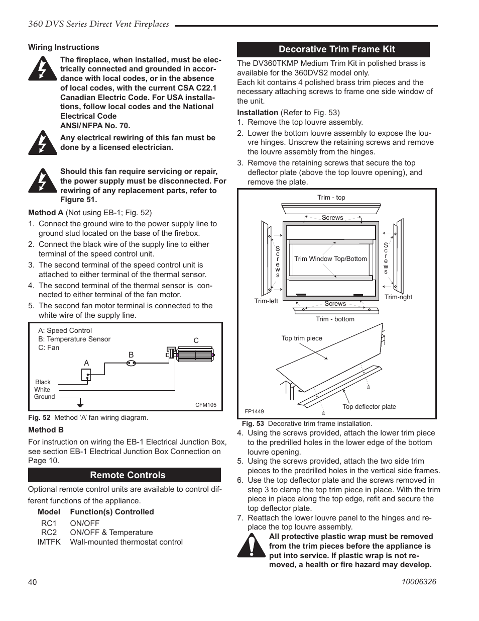 360 dvs series direct vent fireplaces, Remote controls, Decorative trim frame kit | Majestic Appliances 360DVS3 User Manual | Page 40 / 44