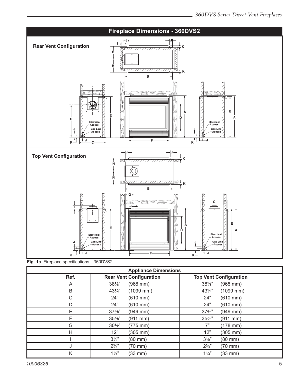 360dvs series direct vent fireplaces, Fireplace dimensions - 360dvs2 | Majestic Appliances 360DVS3 User Manual | Page 5 / 44