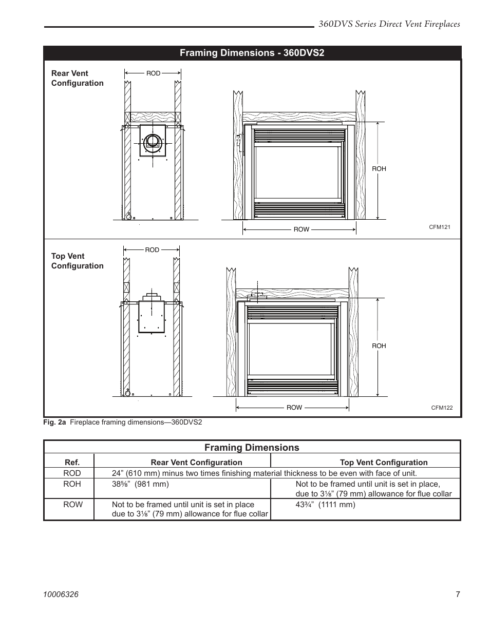 360dvs series direct vent fireplaces, Framing dimensions - 360dvs2, Framing dimensions | Majestic Appliances 360DVS3 User Manual | Page 7 / 44