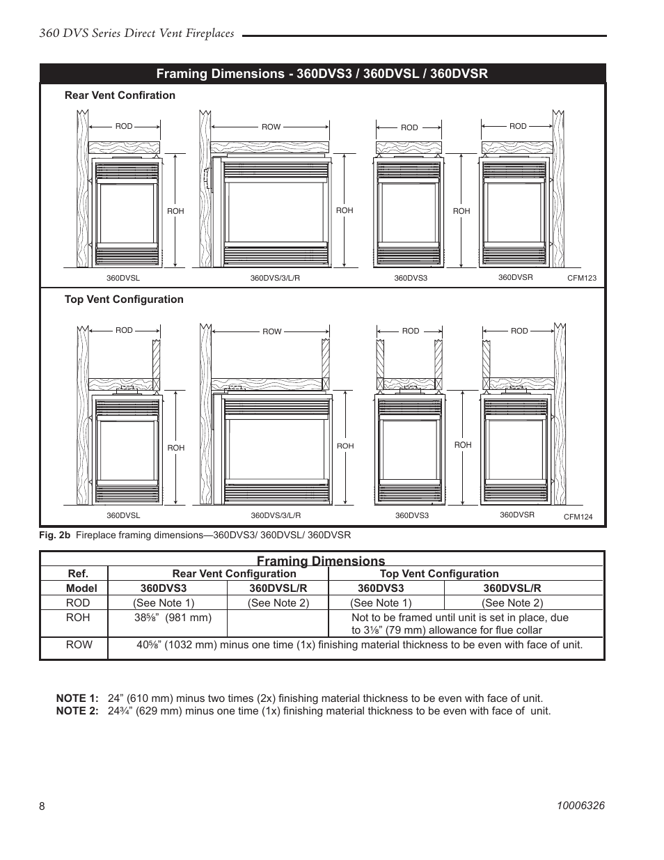 360 dvs series direct vent fireplaces, Framing dimensions | Majestic Appliances 360DVS3 User Manual | Page 8 / 44