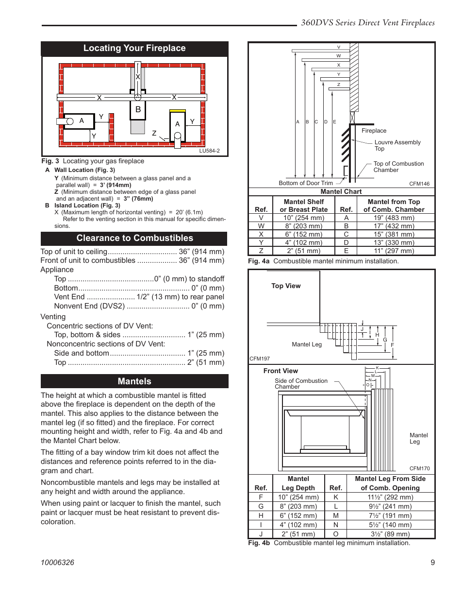 360dvs series direct vent fireplaces, Mantels, Clearance to combustibles | Locating your fireplace | Majestic Appliances 360DVS3 User Manual | Page 9 / 44