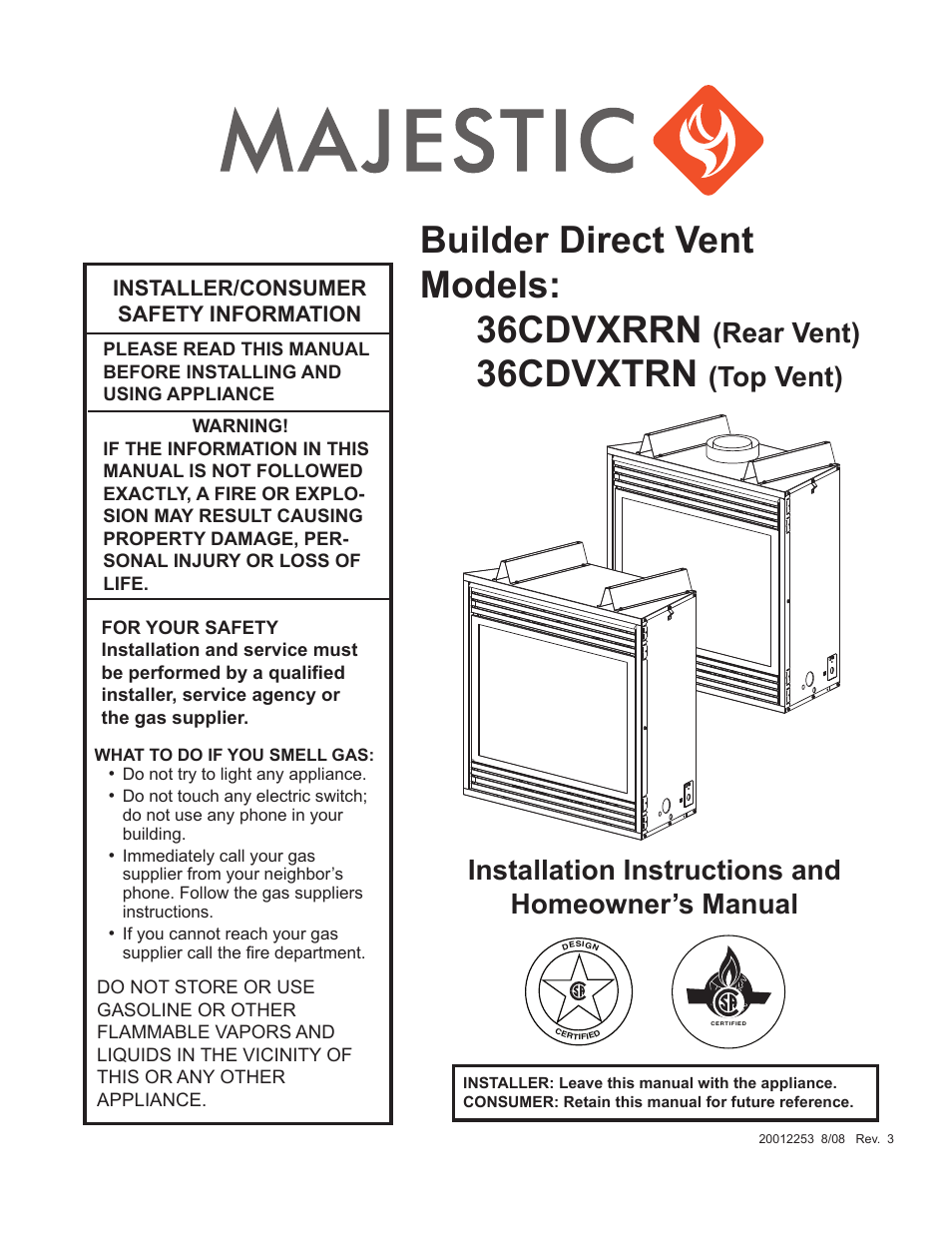 Majestic Appliances Builder Direct Vent 36CDVXTRN User Manual | 44 pages