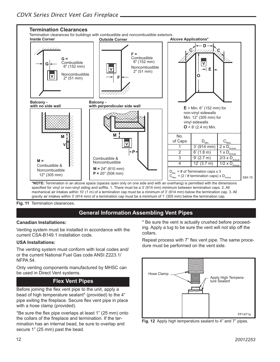 Cdvx series direct vent gas fireplace, General information assembling vent pipes, Flex vent pipes | Termination clearances | Majestic Appliances Builder Direct Vent 36CDVXTRN User Manual | Page 12 / 44