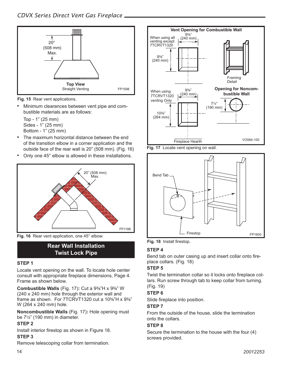 Cdvx series direct vent gas fireplace, Rear wall installation twist lock pipe | Majestic Appliances Builder Direct Vent 36CDVXTRN User Manual | Page 14 / 44