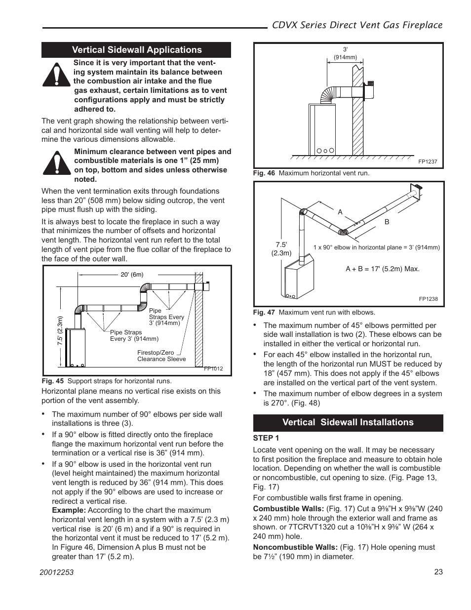 Cdvx series direct vent gas fireplace, Vertical sidewall applications, Vertical sidewall installations | Majestic Appliances Builder Direct Vent 36CDVXTRN User Manual | Page 23 / 44