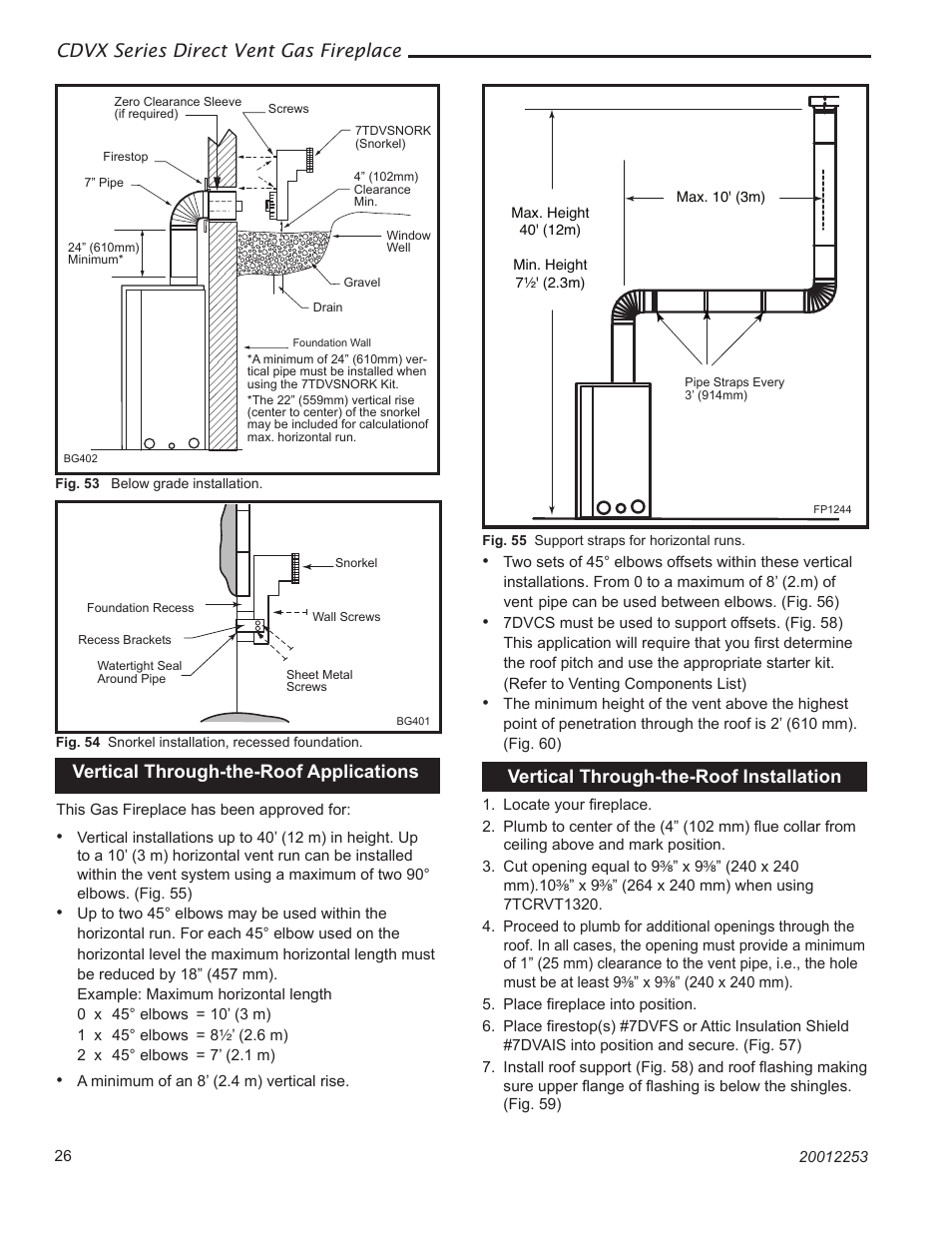 Cdvx series direct vent gas fireplace, Vertical through-the-roof applications, Vertical through-the-roof installation | Majestic Appliances Builder Direct Vent 36CDVXTRN User Manual | Page 26 / 44