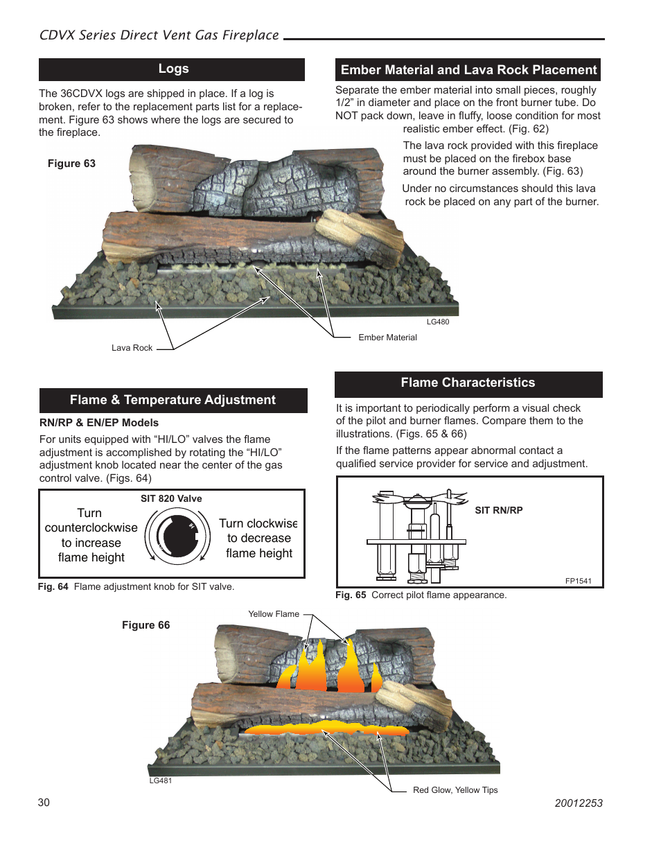 Cdvx series direct vent gas fireplace, Logs, Flame & temperature adjustment | Flame characteristics, Ember material and lava rock placement | Majestic Appliances Builder Direct Vent 36CDVXTRN User Manual | Page 30 / 44