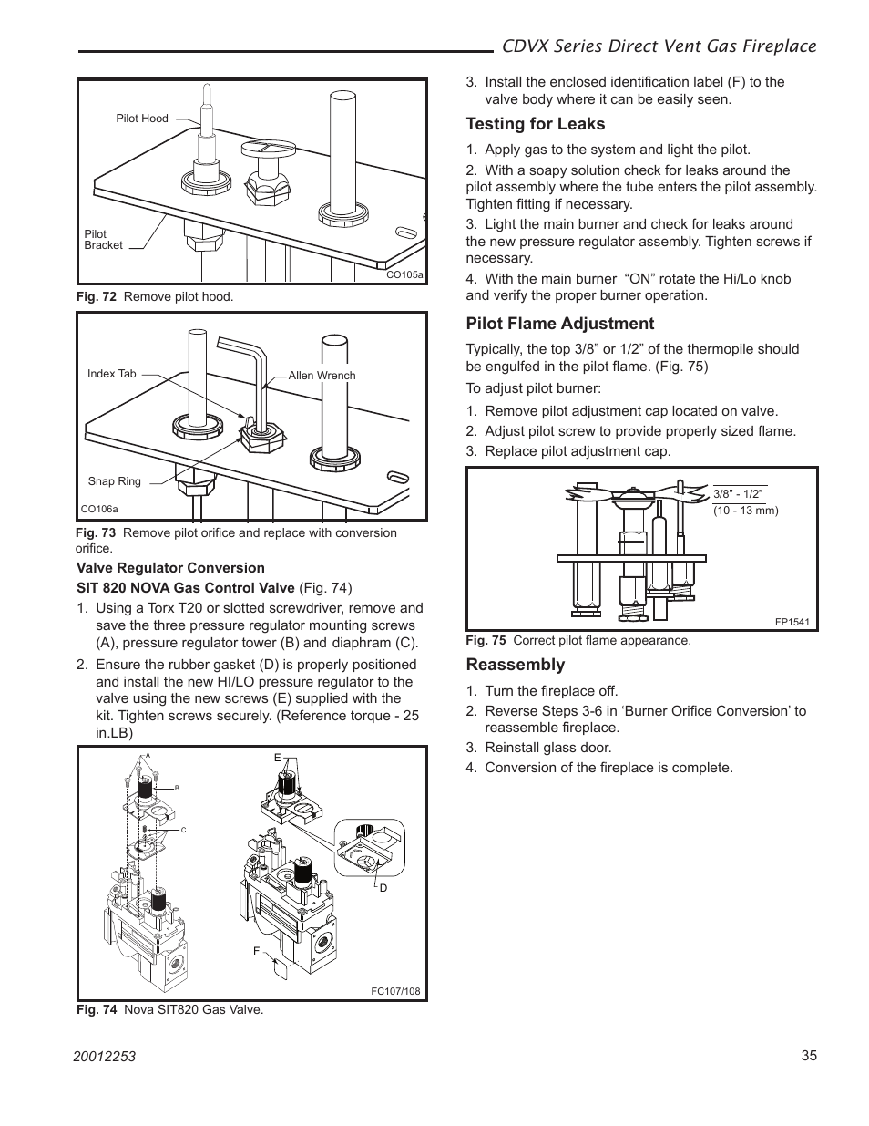 Cdvx series direct vent gas fireplace, Testing for leaks, Pilot flame adjustment | Reassembly | Majestic Appliances Builder Direct Vent 36CDVXTRN User Manual | Page 35 / 44