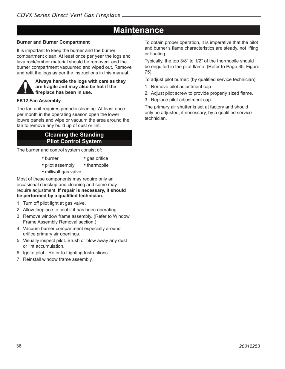 Maintenance | Majestic Appliances Builder Direct Vent 36CDVXTRN User Manual | Page 36 / 44