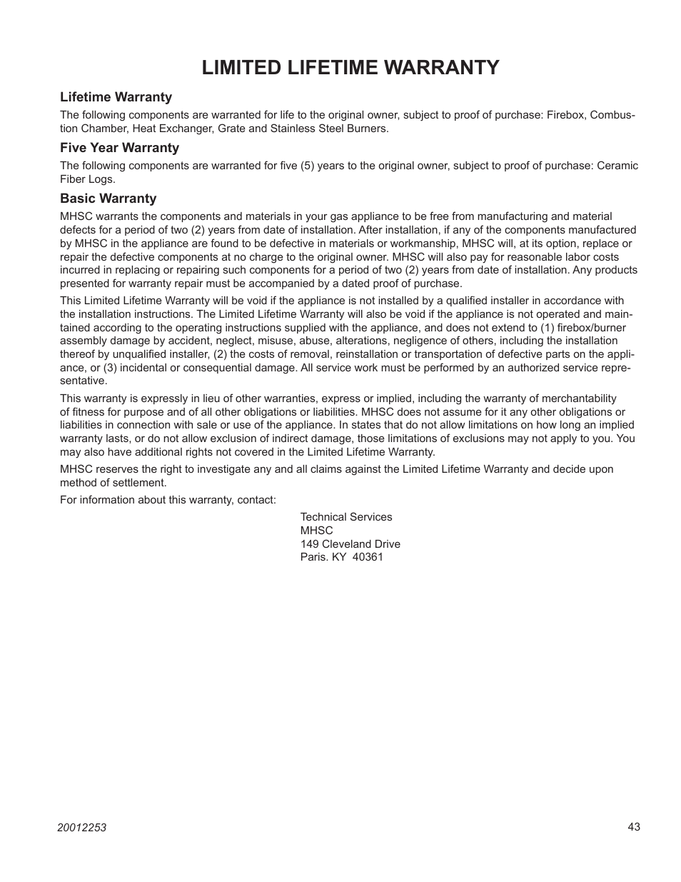 Limited lifetime warranty | Majestic Appliances Builder Direct Vent 36CDVXTRN User Manual | Page 43 / 44